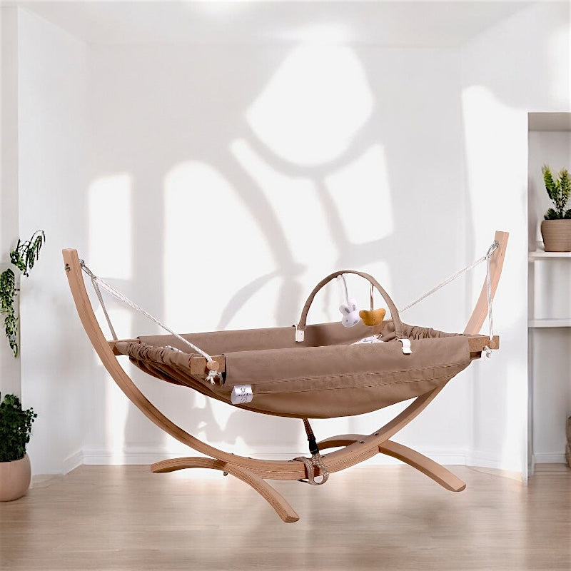 Natural Beech Wood Baby Hammock Cradle & Play Gym – Premium Newborn Bed with Wooden Stand