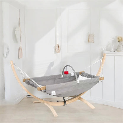 Natural Beech Wood Baby Hammock Cradle & Play Gym – Premium Newborn Bed with Wooden Stand