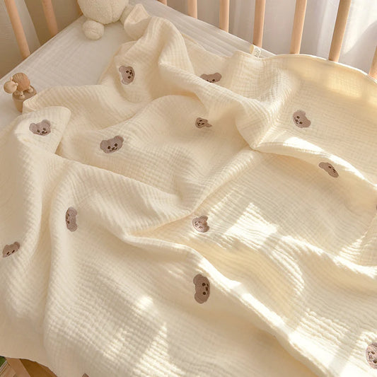 Cotton Gauze Kids Throw Blanket – Embroidered Bear & Rabbit Design